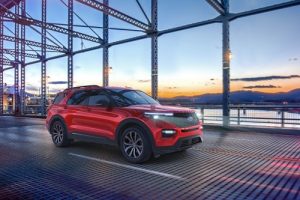 Red 2020 Ford Explorer on Bridge