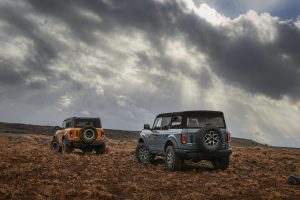 Orange and blue 2021 Ford Bronco in rear view on an empty field on a cloudy day with sunshine beaming through clouds.